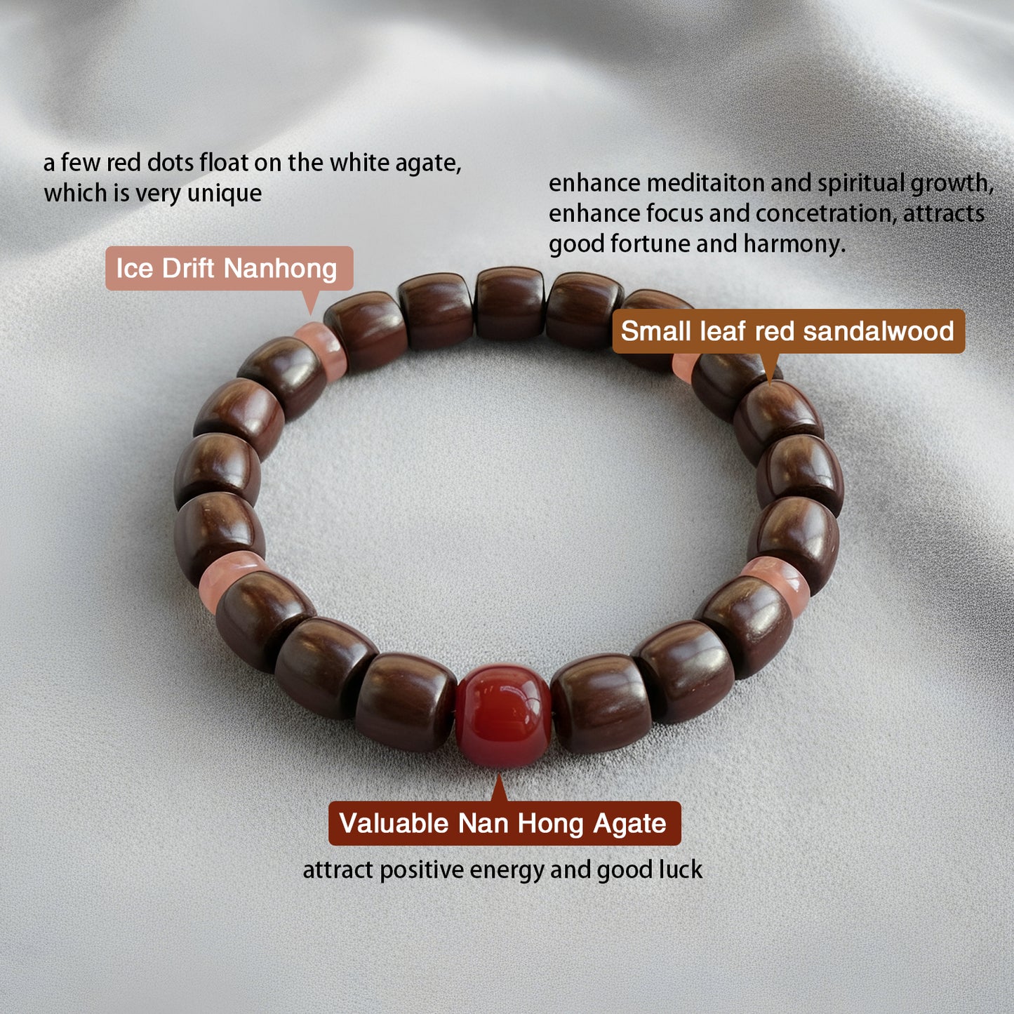 Red Sandalwood & Nan Hong Agate Bracelet – Prosperity Mala, 8mm x 9mm