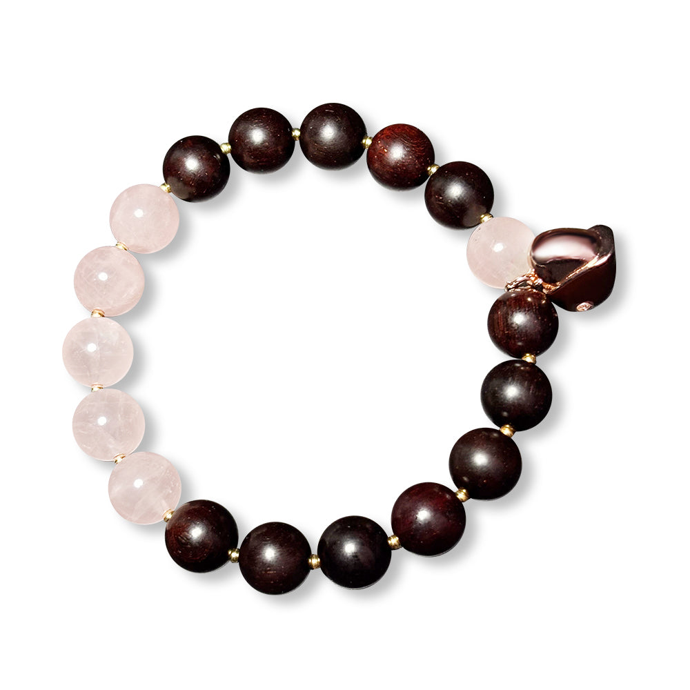 VIVIDOORA: Indian Small Leaf Red Sandalwood & Rose Quartz Beaded Bracelet for Women - 10mm Natural Wood Prayer Beads with Black & Pink Heart Pendant - Healing Crystal Jewelry Valentine's Gift (Lover Series)