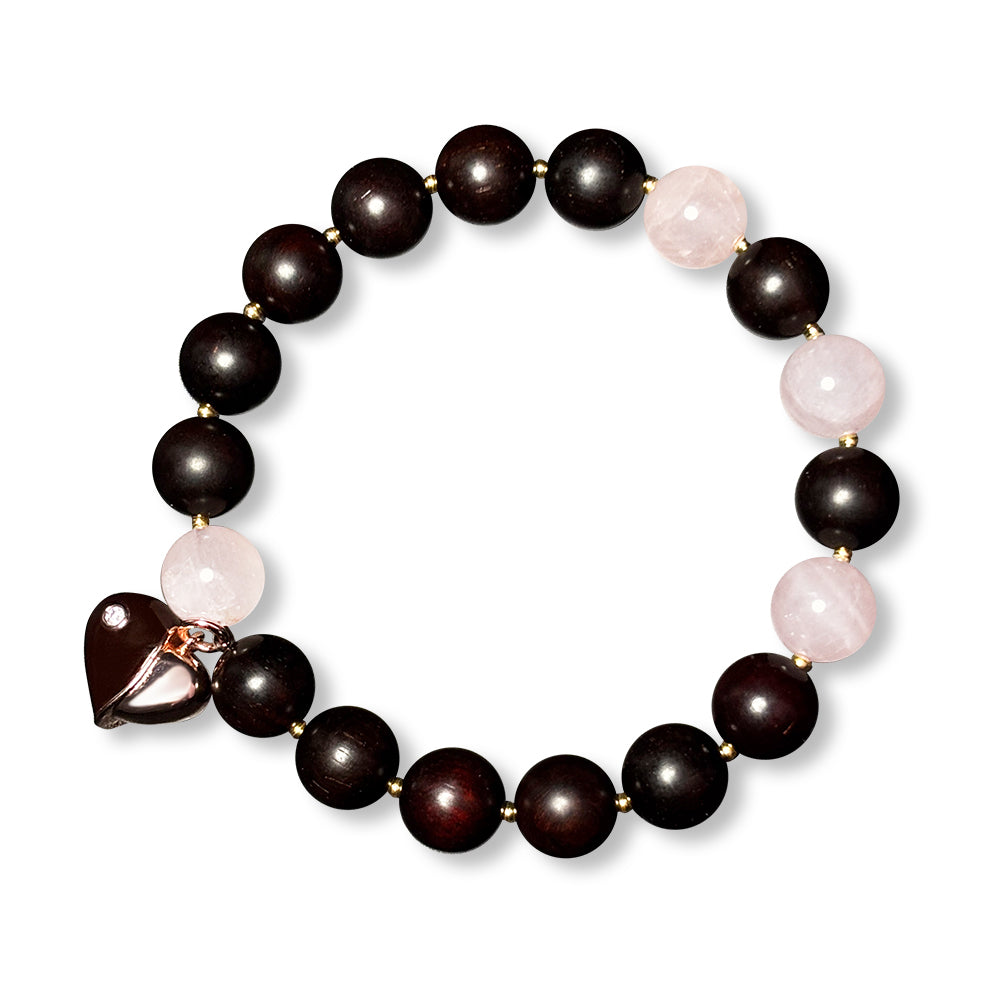 VIVIDOORA: Indian Small Leaf Red Sandalwood & Rose Quartz Beaded Bracelet for Women - 10mm Natural Wood Prayer Beads with Black & Pink Heart Pendant - Healing Crystal Jewelry Valentine's Gift (Lover Series)