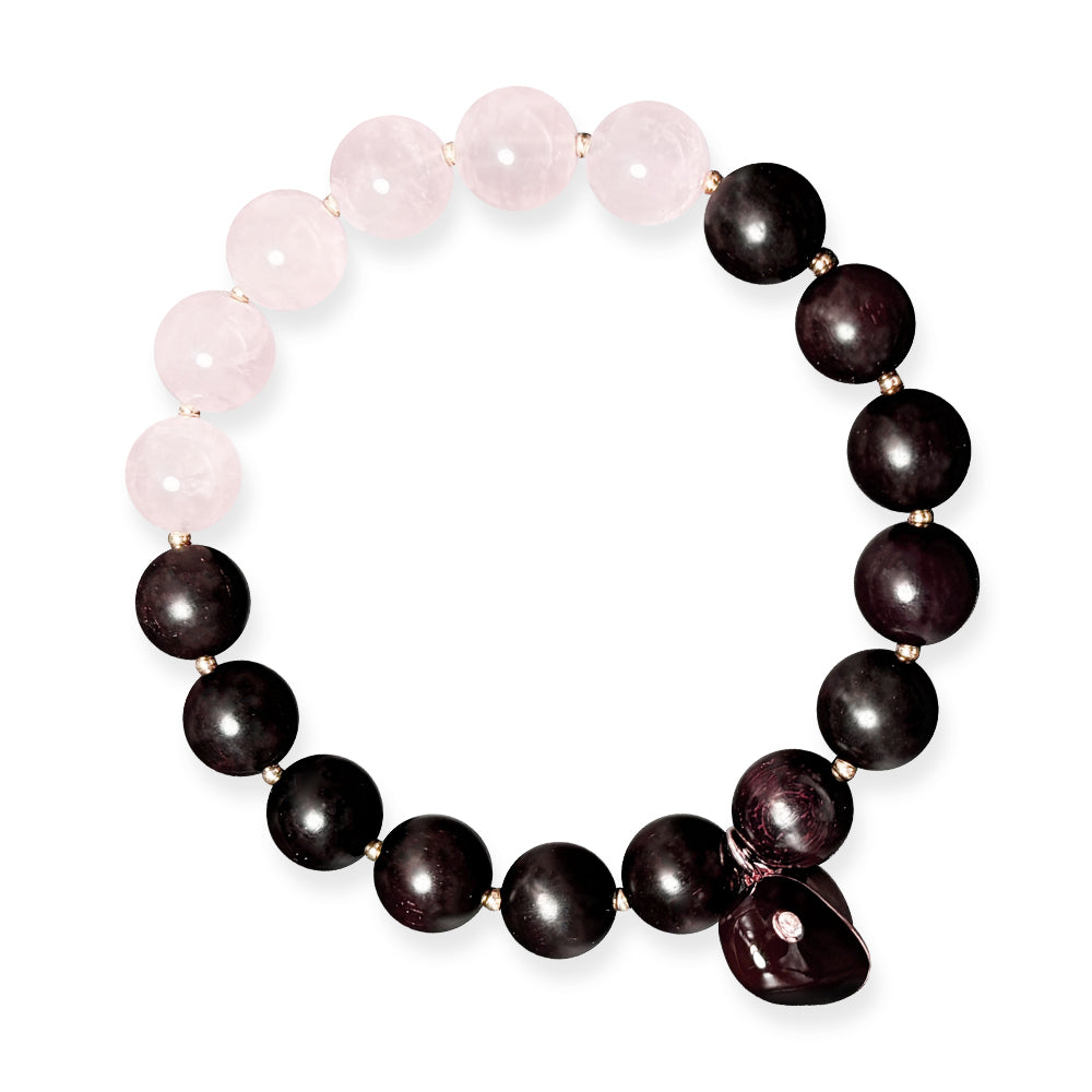 VIVIDOORA: Indian Small Leaf Red Sandalwood & Rose Quartz Beaded Bracelet for Women - 10mm Natural Wood Prayer Beads with Black & Pink Heart Pendant - Healing Crystal Jewelry Valentine's Gift (Lover Series)