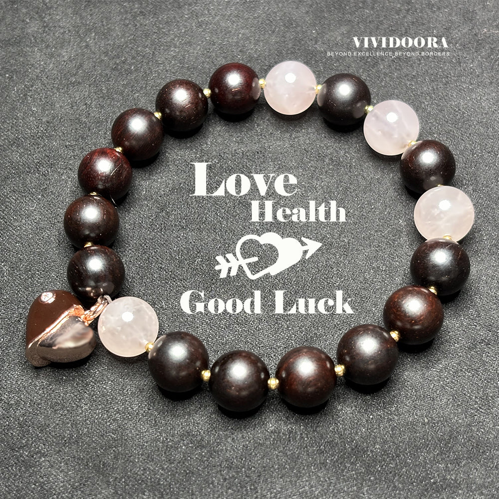 VIVIDOORA: Indian Small Leaf Red Sandalwood & Rose Quartz Beaded Bracelet for Women - 10mm Natural Wood Prayer Beads with Black & Pink Heart Pendant - Healing Crystal Jewelry Valentine's Gift (Lover Series)