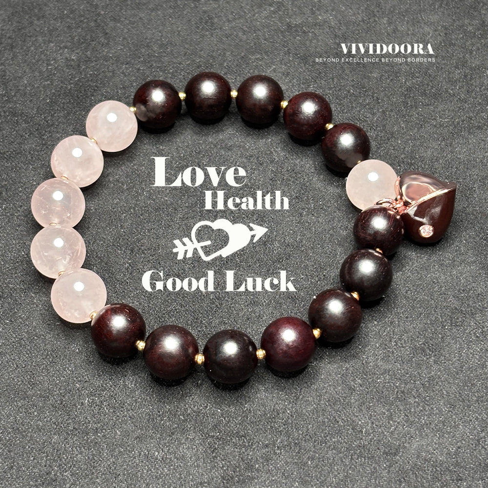 VIVIDOORA: Indian Small Leaf Red Sandalwood & Rose Quartz Beaded Bracelet for Women - 10mm Natural Wood Prayer Beads with Black & Pink Heart Pendant - Healing Crystal Jewelry Valentine's Gift (Lover Series)
