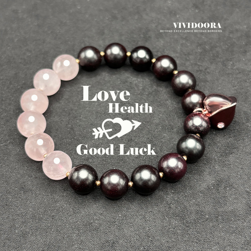 VIVIDOORA: Indian Small Leaf Red Sandalwood & Rose Quartz Beaded Bracelet for Women - 10mm Natural Wood Prayer Beads with Black & Pink Heart Pendant - Healing Crystal Jewelry Valentine's Gift (Lover Series)