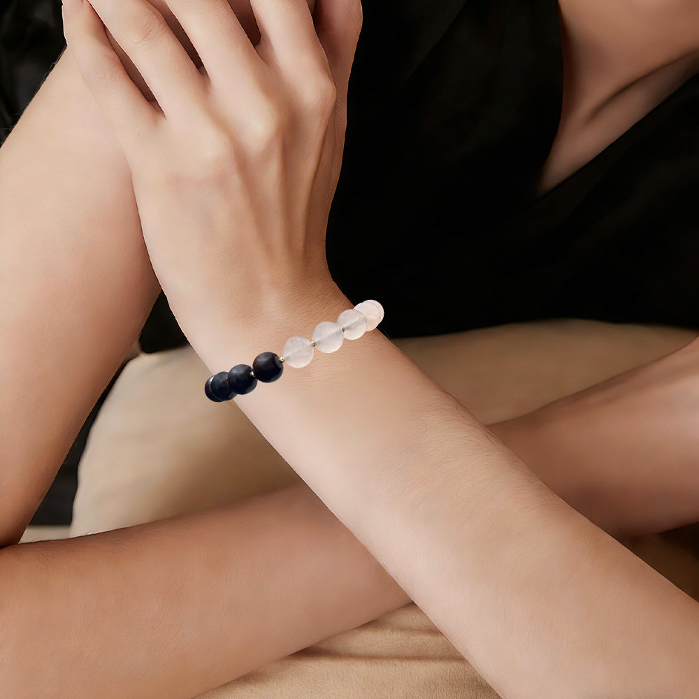 VIVIDOORA: Indian Small Leaf Red Sandalwood & Rose Quartz Beaded Bracelet for Women - 10mm Natural Wood Prayer Beads with Black & Pink Heart Pendant - Healing Crystal Jewelry Valentine's Gift (Lover Series)