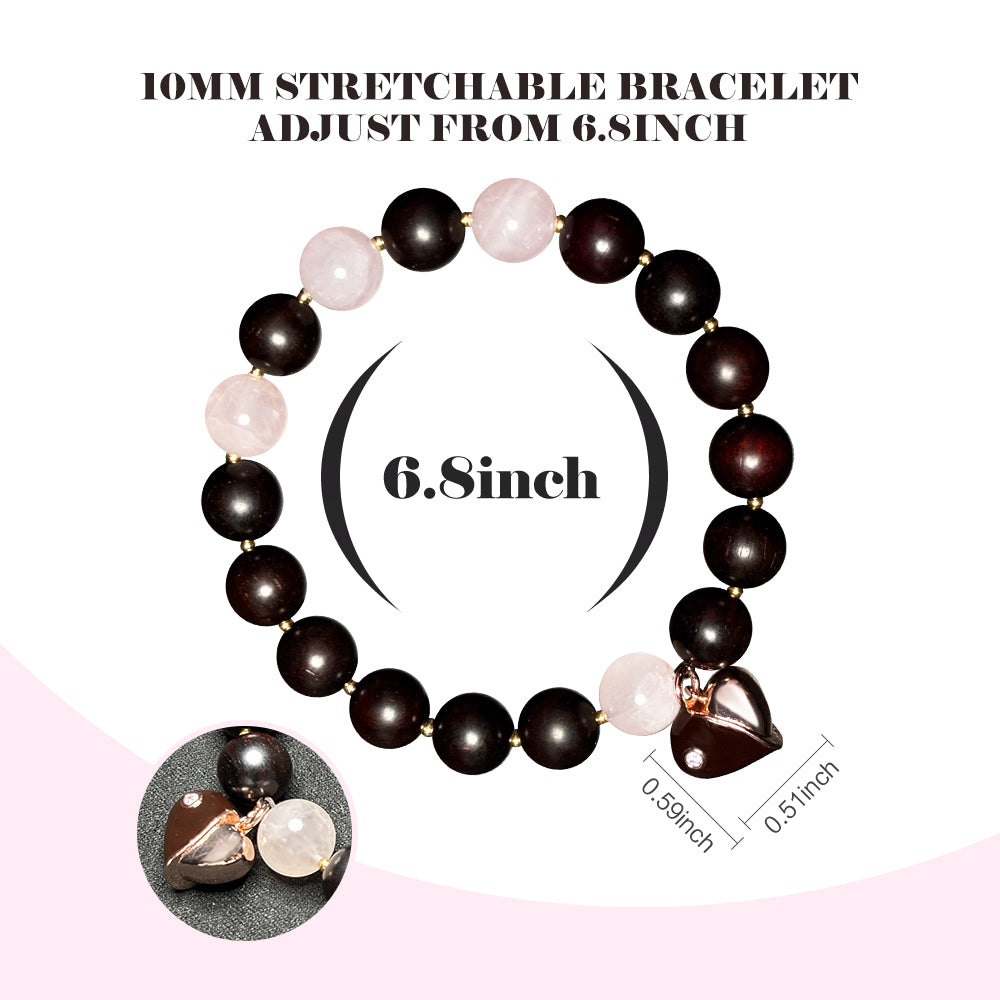 VIVIDOORA: Indian Small Leaf Red Sandalwood & Rose Quartz Beaded Bracelet for Women - 10mm Natural Wood Prayer Beads with Black & Pink Heart Pendant - Healing Crystal Jewelry Valentine's Gift (Lover Series)