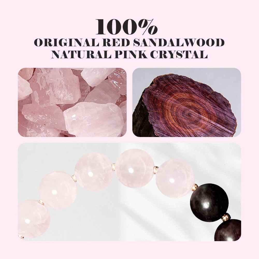 VIVIDOORA: Indian Small Leaf Red Sandalwood & Rose Quartz Beaded Bracelet for Women - 10mm Natural Wood Prayer Beads with Black & Pink Heart Pendant - Healing Crystal Jewelry Valentine's Gift (Lover Series)
