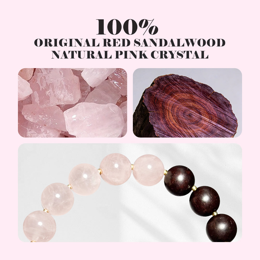VIVIDOORA: Indian Small Leaf Red Sandalwood & Rose Quartz Beaded Bracelet for Women - 10mm Natural Wood Prayer Beads with Black & Pink Heart Pendant - Healing Crystal Jewelry Valentine's Gift (Lover Series)