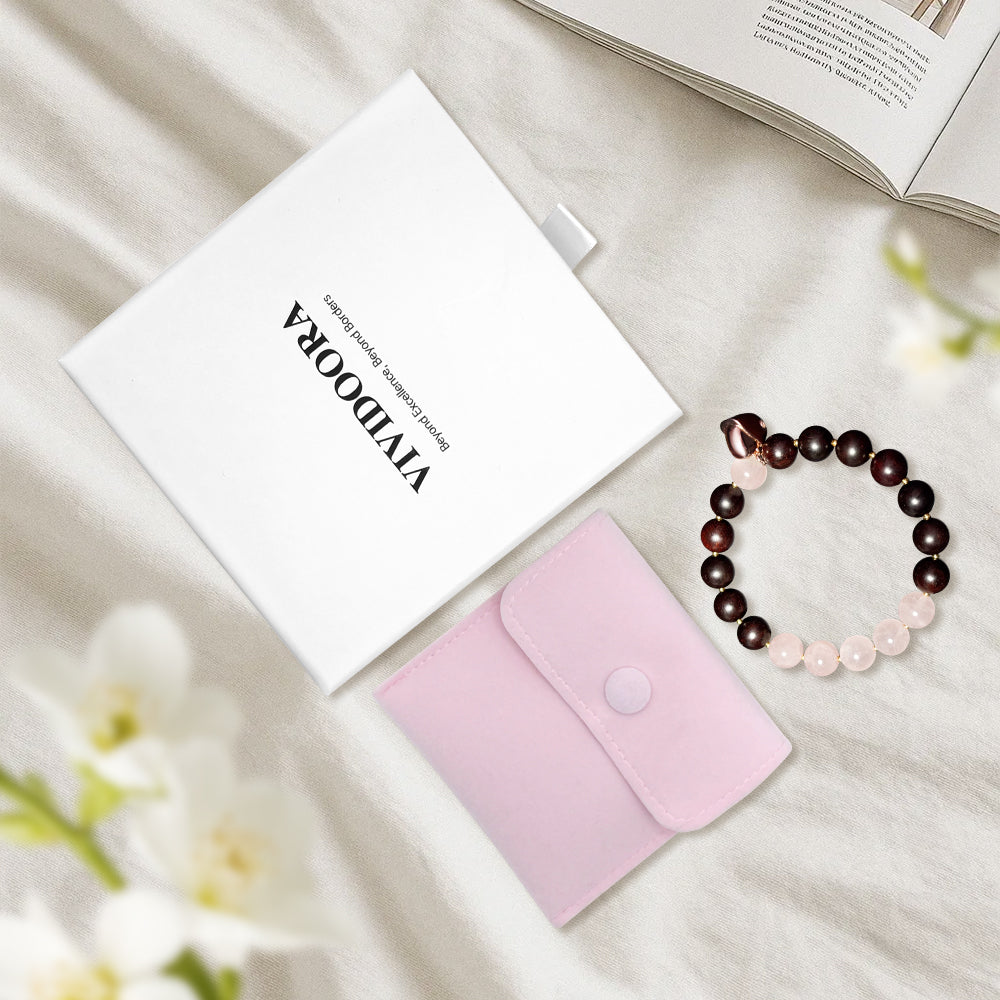 Red Sandalwood & Rose Quartz Bracelet – Heart Pendant, 10mm * 12