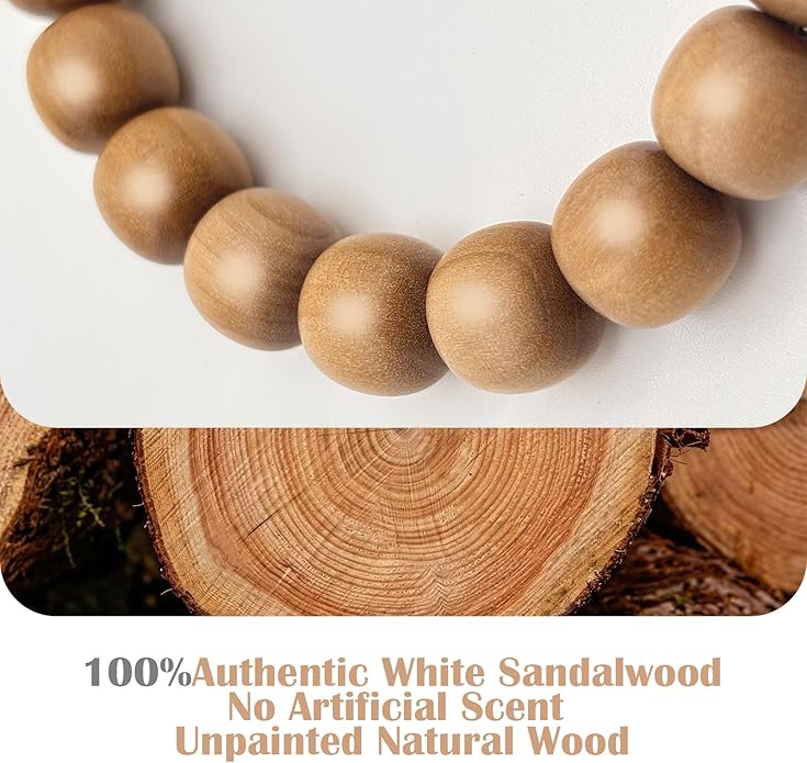 VIVIDOORA: 10mm x 11mm White Sandalwood Bracelet - Authentic India Mysore Sandalwood Beads Handcrafted, Soothing Aromatic Wood Bracelet for Buddhist, Meditation, Prayer, and Daily Wear, Gift for Men and Women