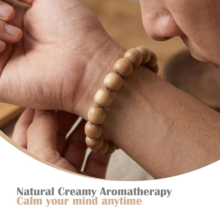 VIVIDOORA: 10mm x 11mm White Sandalwood Bracelet - Authentic India Mysore Sandalwood Beads Handcrafted, Soothing Aromatic Wood Bracelet for Buddhist, Meditation, Prayer, and Daily Wear, Gift for Men and Women