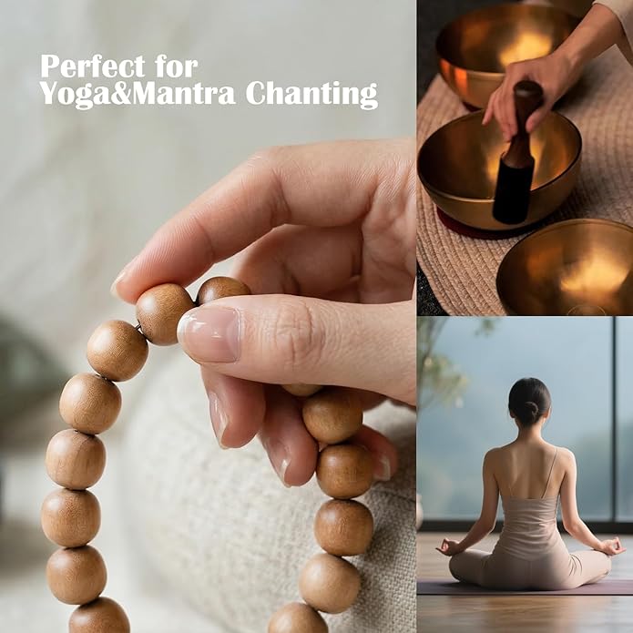 VIVIDOORA: 10mm x 11mm White Sandalwood Bracelet - Authentic India Mysore Sandalwood Beads Handcrafted, Soothing Aromatic Wood Bracelet for Buddhist, Meditation, Prayer, and Daily Wear, Gift for Men and Women