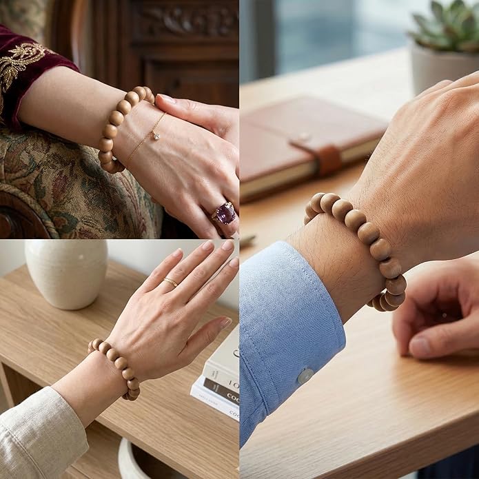 VIVIDOORA: 10mm x 11mm White Sandalwood Bracelet - Authentic India Mysore Sandalwood Beads Handcrafted, Soothing Aromatic Wood Bracelet for Buddhist, Meditation, Prayer, and Daily Wear, Gift for Men and Women