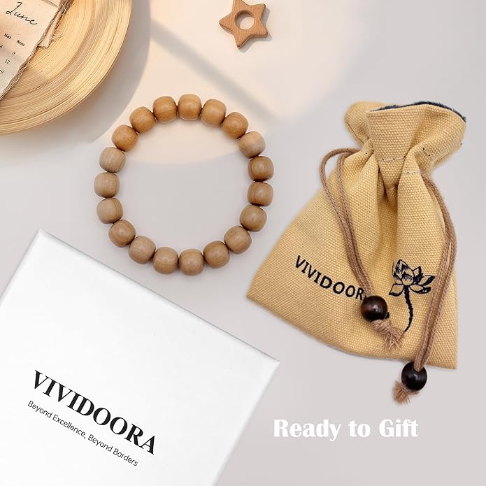 VIVIDOORA: 10mm x 11mm White Sandalwood Bracelet - Authentic India Mysore Sandalwood Beads Handcrafted, Soothing Aromatic Wood Bracelet for Buddhist, Meditation, Prayer, and Daily Wear, Gift for Men and Women