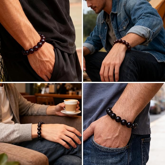 VIVIDOORA: 15mm Meditation Men Beaded Bracelets, Handmade Sandalwood Mala Beads, Buddhist Prayer Red Wood Bracelets, Comfortable for Daily Wear Yoga Gift for Men