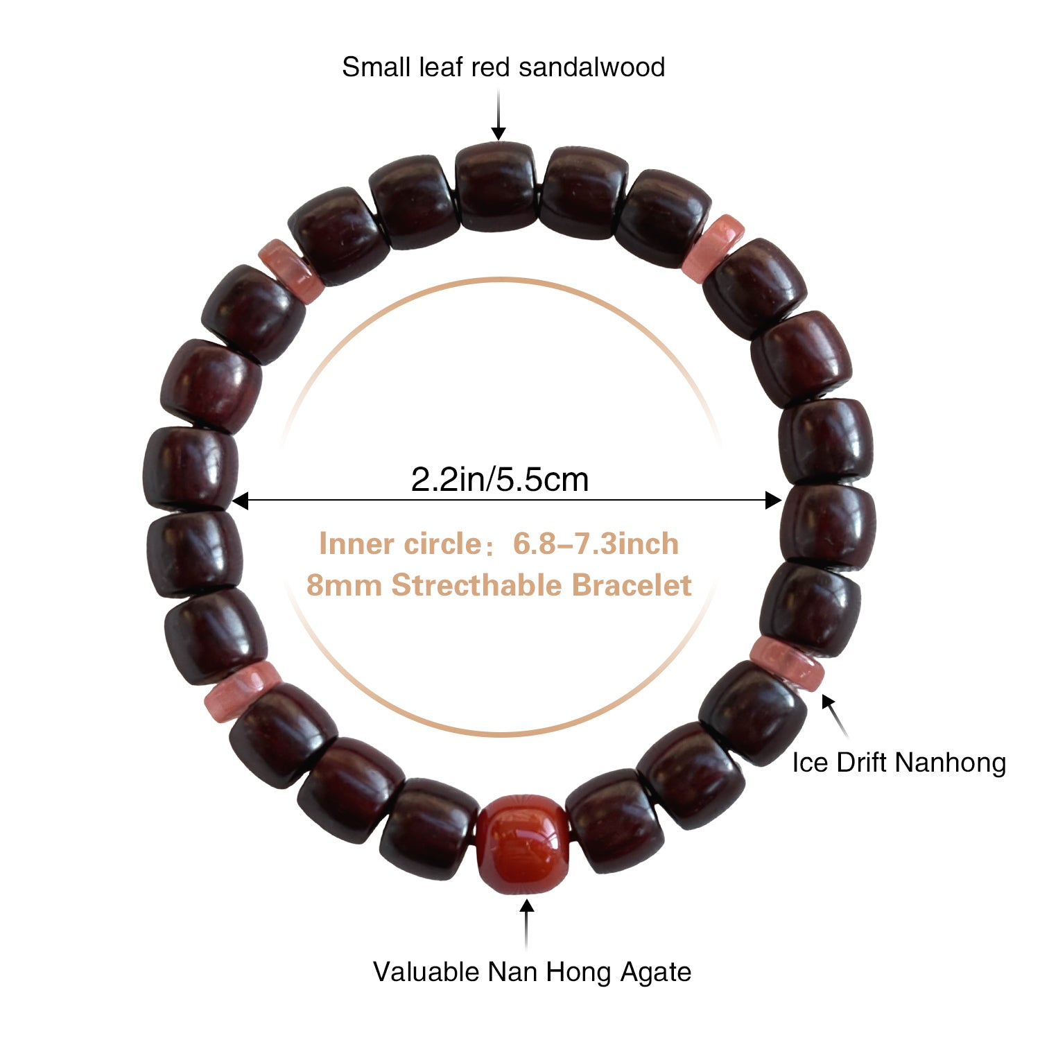 Authentic Indian Red Sandalwood Bracelet, 8mm x 9mm Barrel Beads with Natural Southern Red Agate(Nan Hong), Ice Drift Agate Accents, Prosperity & Protection Mala for Men & Women, Festive Gift