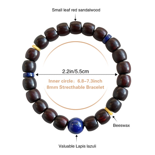 Authentic Indian Red Sandalwood Bracelet, 8mm x 9mm Meditation Beads with Natural Lapis Lazuli & Beeswax, Spiritual Zen Jewelry for Wisdom, Peace and Mindfulness, Stretchable Mala Gift for Men & Women