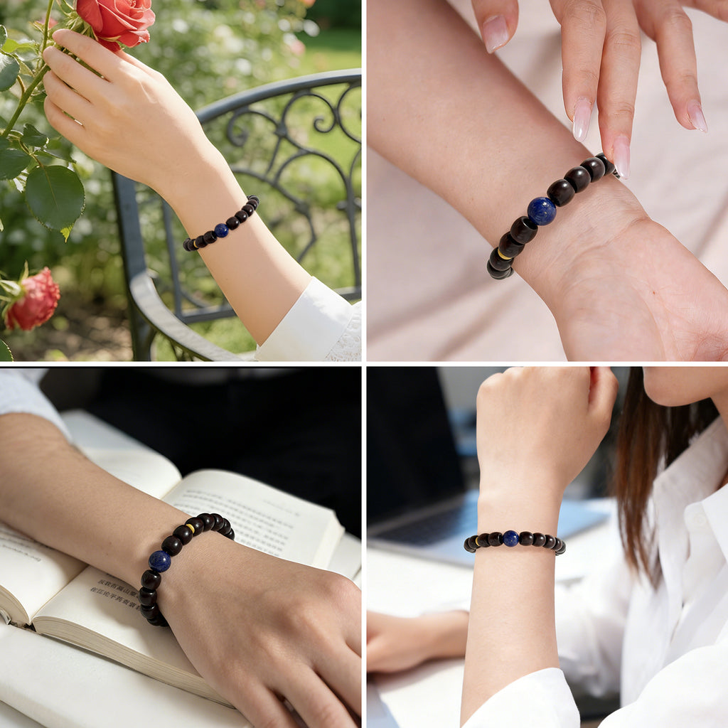 Authentic Indian Red Sandalwood Bracelet, 8mm x 9mm Meditation Beads with Natural Lapis Lazuli & Beeswax, Spiritual Zen Jewelry for Wisdom, Peace and Mindfulness, Stretchable Mala Gift for Men & Women