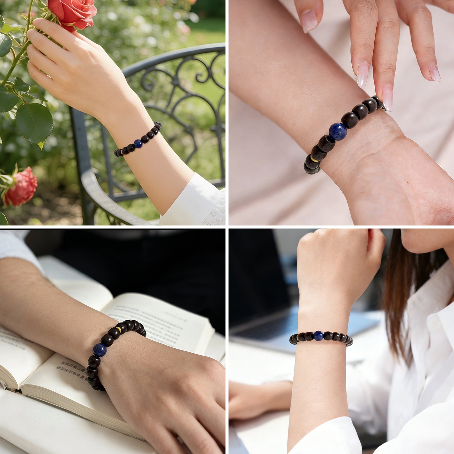 Authentic Indian Red Sandalwood Bracelet, 8mm x 9mm Meditation Beads with Natural Lapis Lazuli & Beeswax, Spiritual Zen Jewelry for Wisdom, Peace and Mindfulness, Stretchable Mala Gift for Men & Women