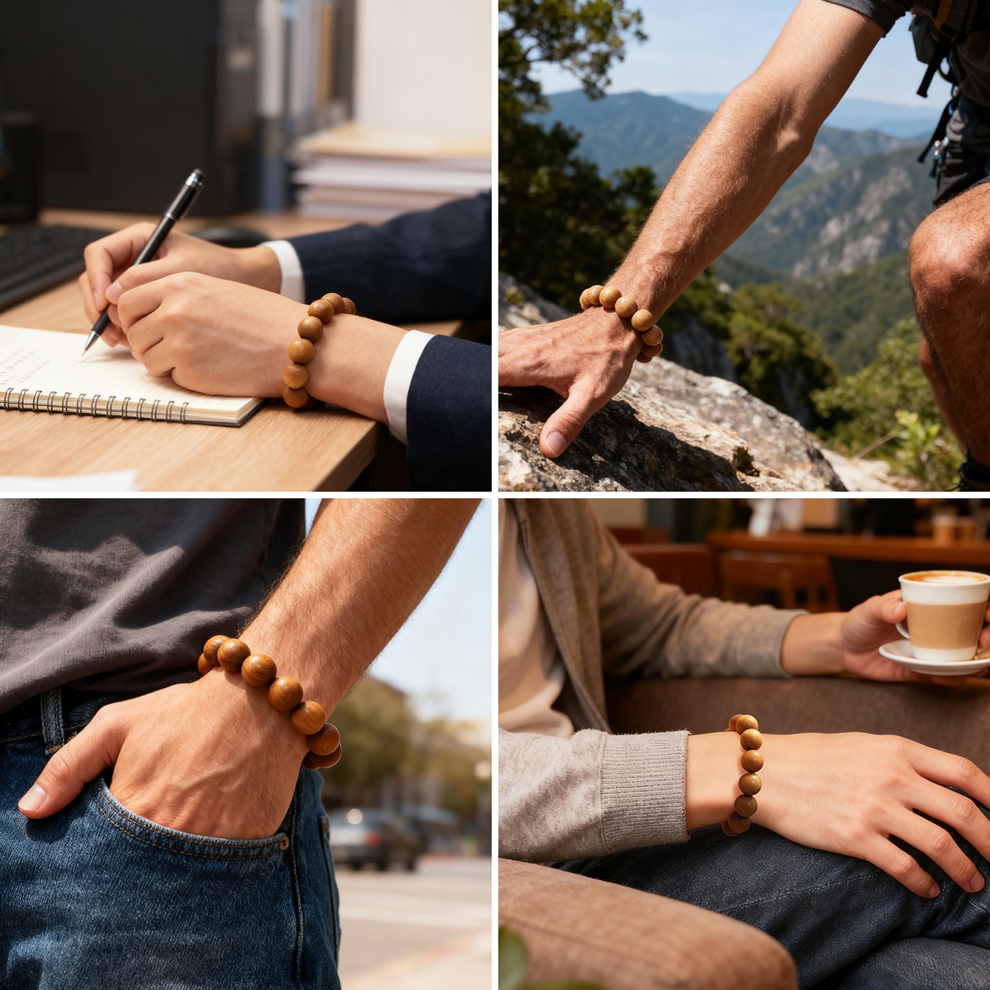 White Sandalwood Bead Bracelet – Handcrafted, 15mm