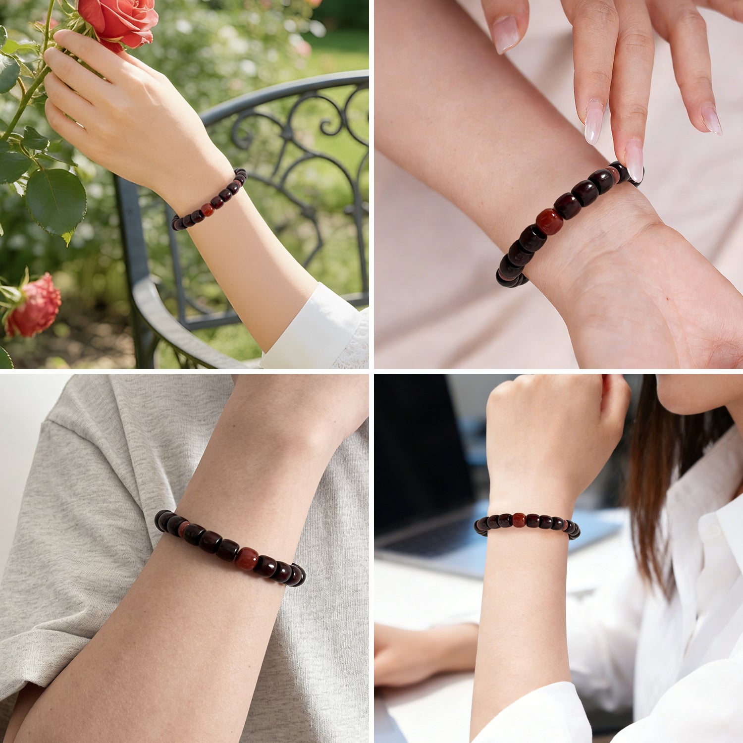 Authentic Indian Red Sandalwood Bracelet, 8mm x 9mm Barrel Beads with Natural Southern Red Agate(Nan Hong), Ice Drift Agate Accents, Prosperity & Protection Mala for Men & Women, Festive Gift