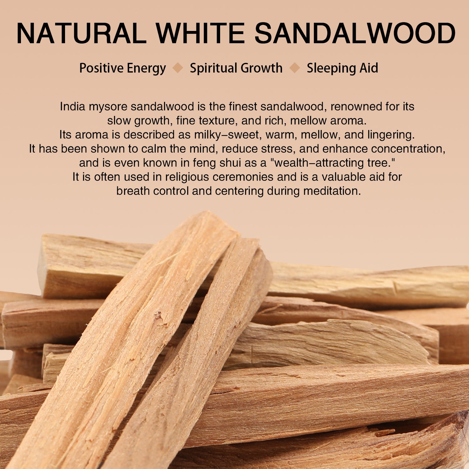 Natural white sandalwood with text about its properties and uses.