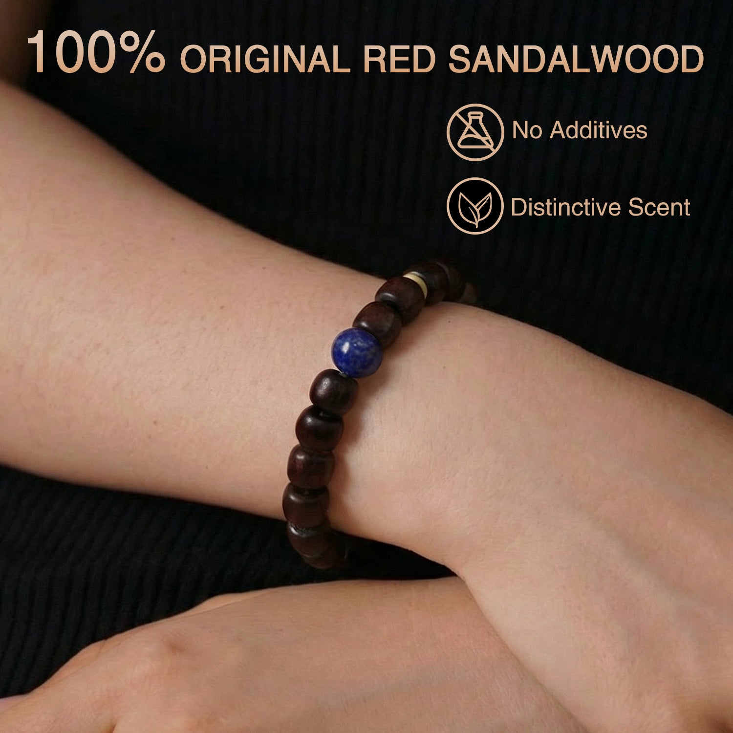 Authentic Indian Red Sandalwood Bracelet, 8mm x 9mm Meditation Beads with Natural Lapis Lazuli & Beeswax, Spiritual Zen Jewelry for Wisdom, Peace and Mindfulness, Stretchable Mala Gift for Men & Women