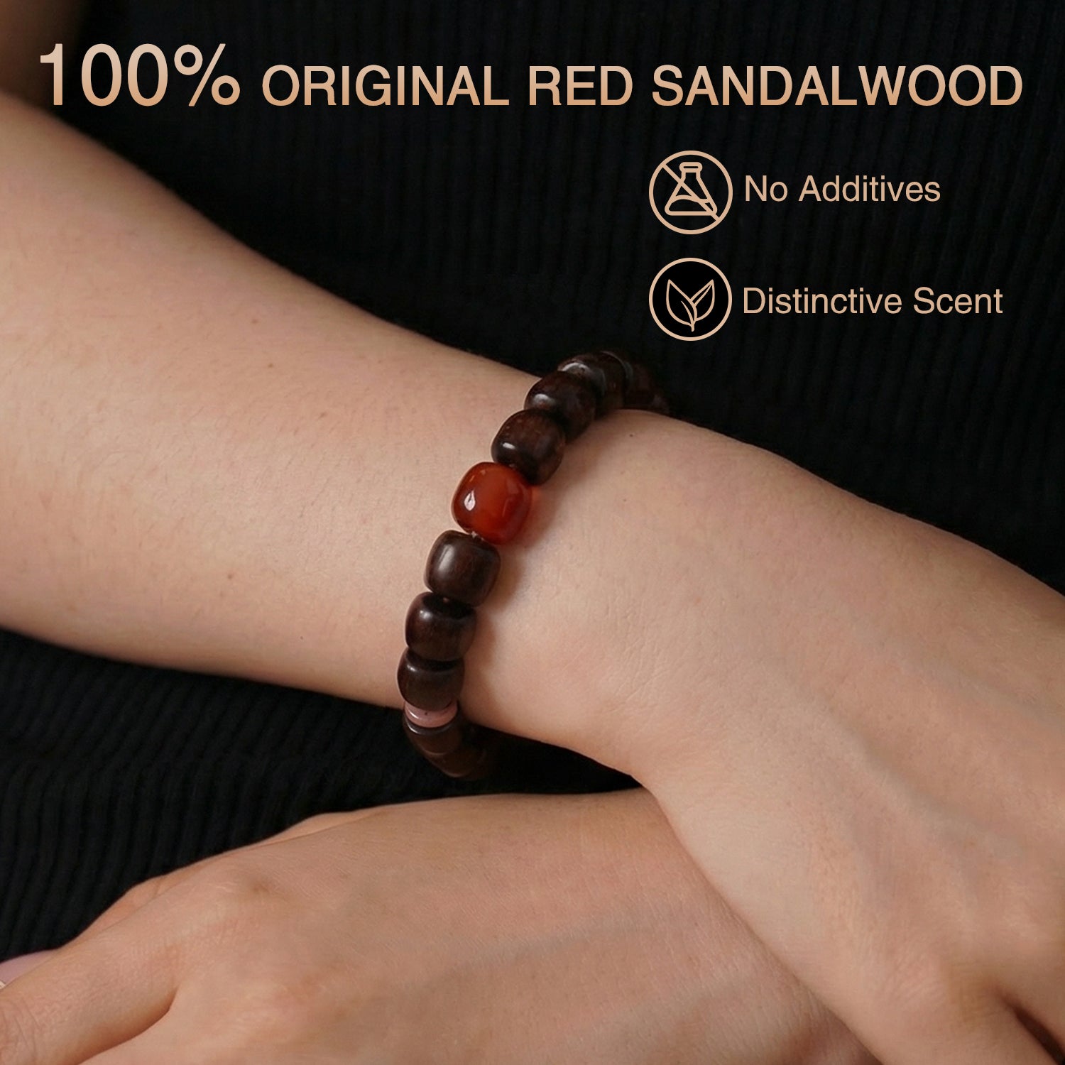 Authentic Indian Red Sandalwood Bracelet, 8mm x 9mm Barrel Beads with Natural Southern Red Agate(Nan Hong), Ice Drift Agate Accents, Prosperity & Protection Mala for Men & Women, Festive Gift