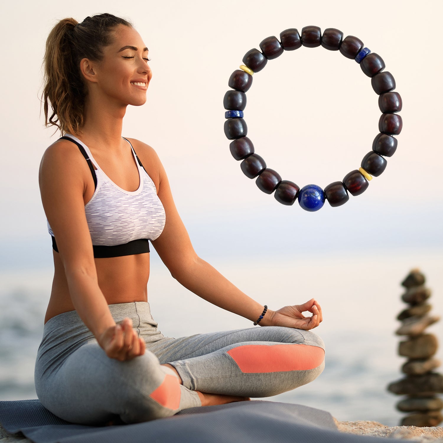 Authentic Indian Red Sandalwood Bracelet, 8mm x 9mm Meditation Beads with Natural Lapis Lazuli & Beeswax, Spiritual Zen Jewelry for Wisdom, Peace and Mindfulness, Stretchable Mala Gift for Men & Women