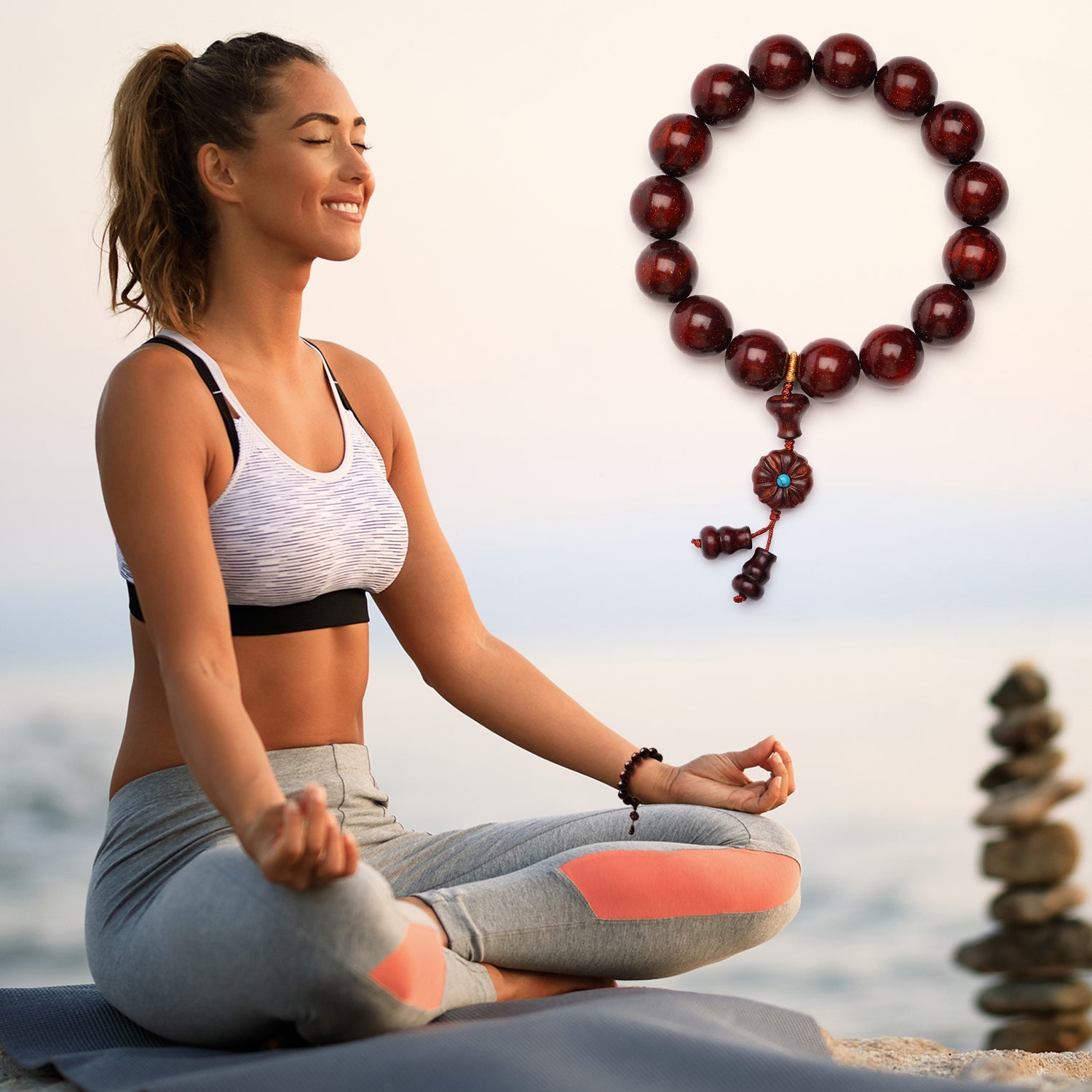 VIVIDOORA: 15MM Handmade Sandalwood Bracelets with Golden Star Mala Beads