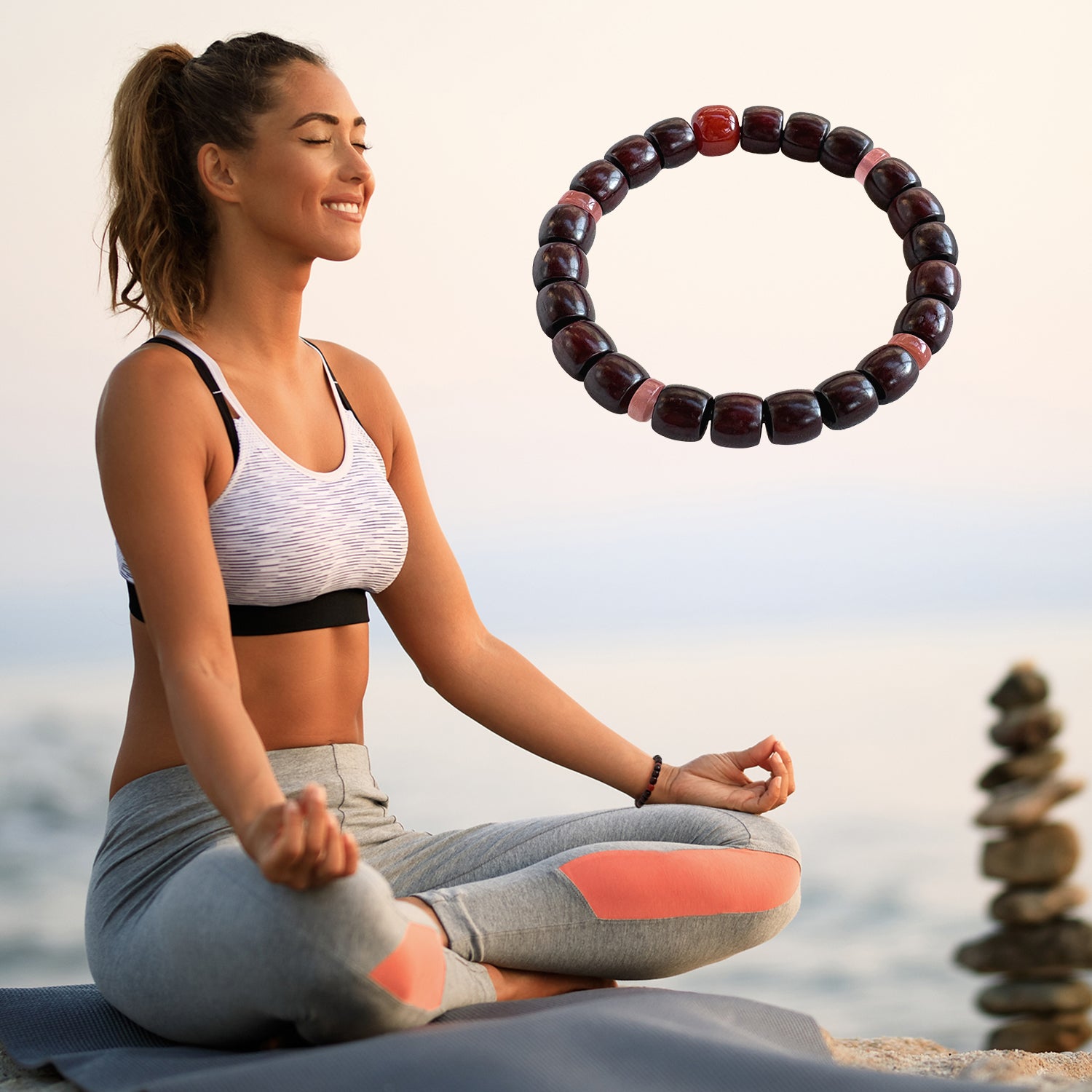 Authentic Indian Red Sandalwood Bracelet, 8mm x 9mm Barrel Beads with Natural Southern Red Agate(Nan Hong), Ice Drift Agate Accents, Prosperity & Protection Mala for Men & Women, Festive Gift