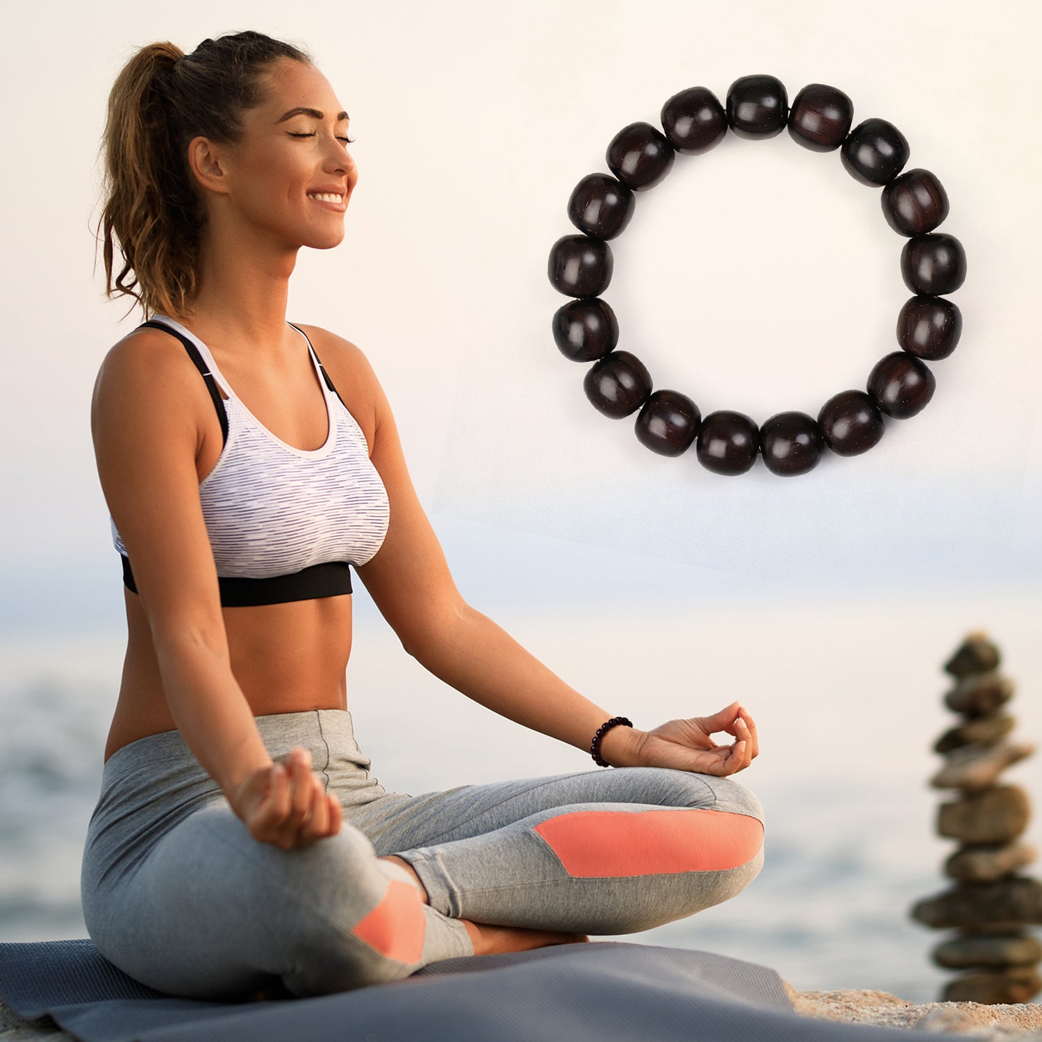 VIVIDOORA: 12MM x 13MM Handmade Sandalwood Bracelets with Mala Beads