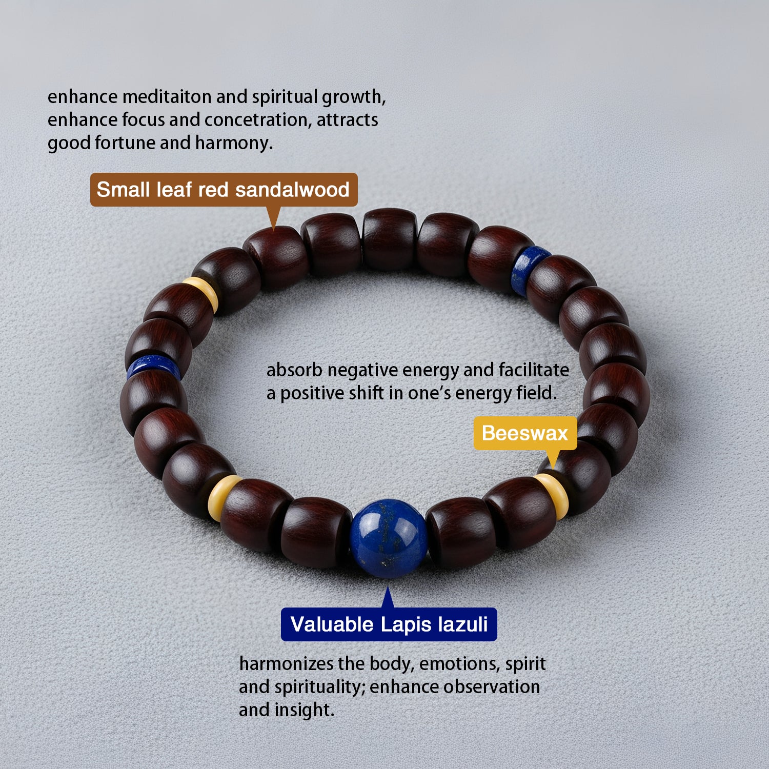 Authentic Indian Red Sandalwood Bracelet, 8mm x 9mm Meditation Beads with Natural Lapis Lazuli & Beeswax, Spiritual Zen Jewelry for Wisdom, Peace and Mindfulness, Stretchable Mala Gift for Men & Women