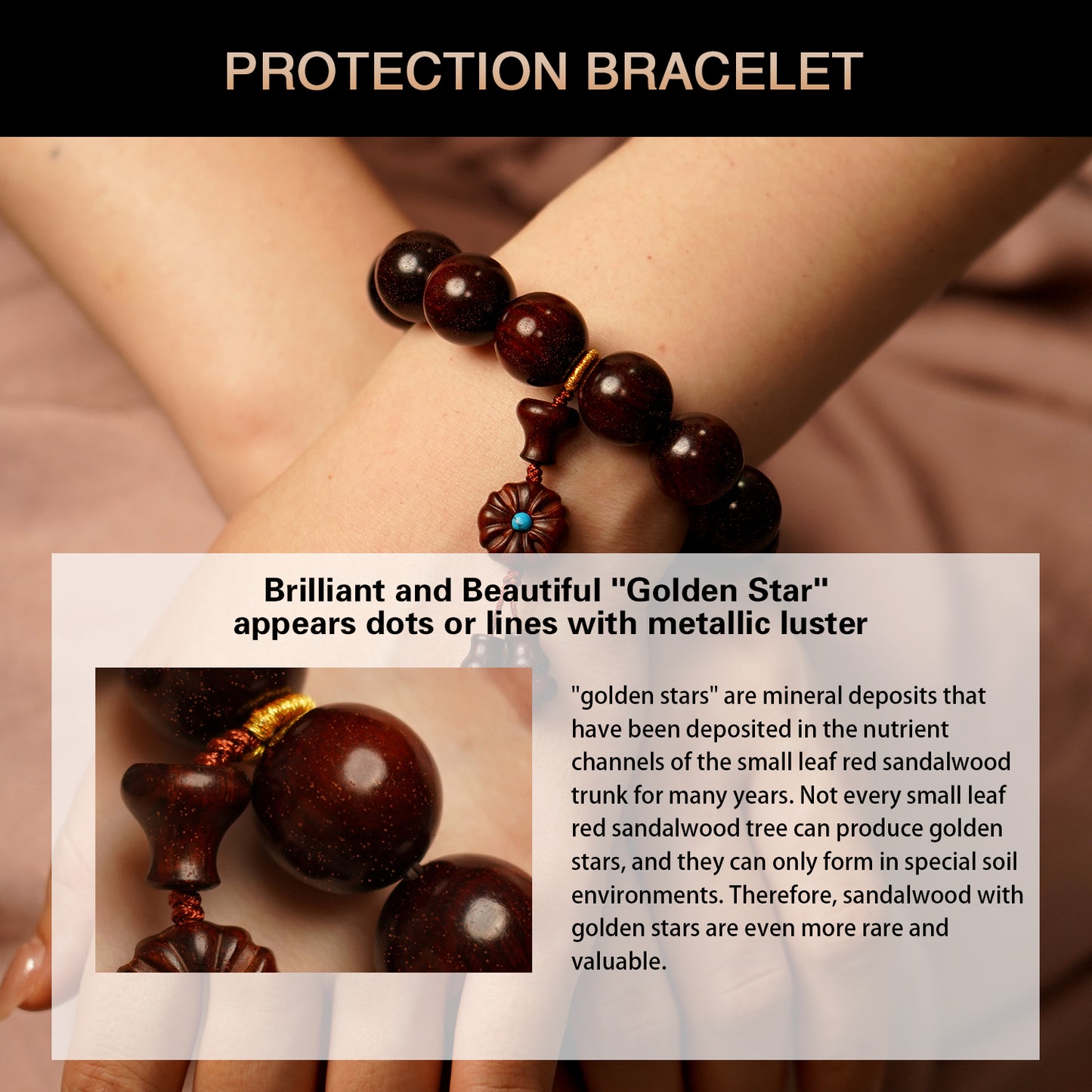 Sandalwood Bracelet with Golden Star Mala Beads – Handcrafted, 15mm