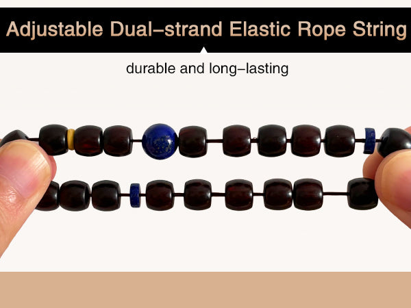 Authentic Indian Red Sandalwood Bracelet, 8mm x 9mm Meditation Beads with Natural Lapis Lazuli & Beeswax, Spiritual Zen Jewelry for Wisdom, Peace and Mindfulness, Stretchable Mala Gift for Men & Women