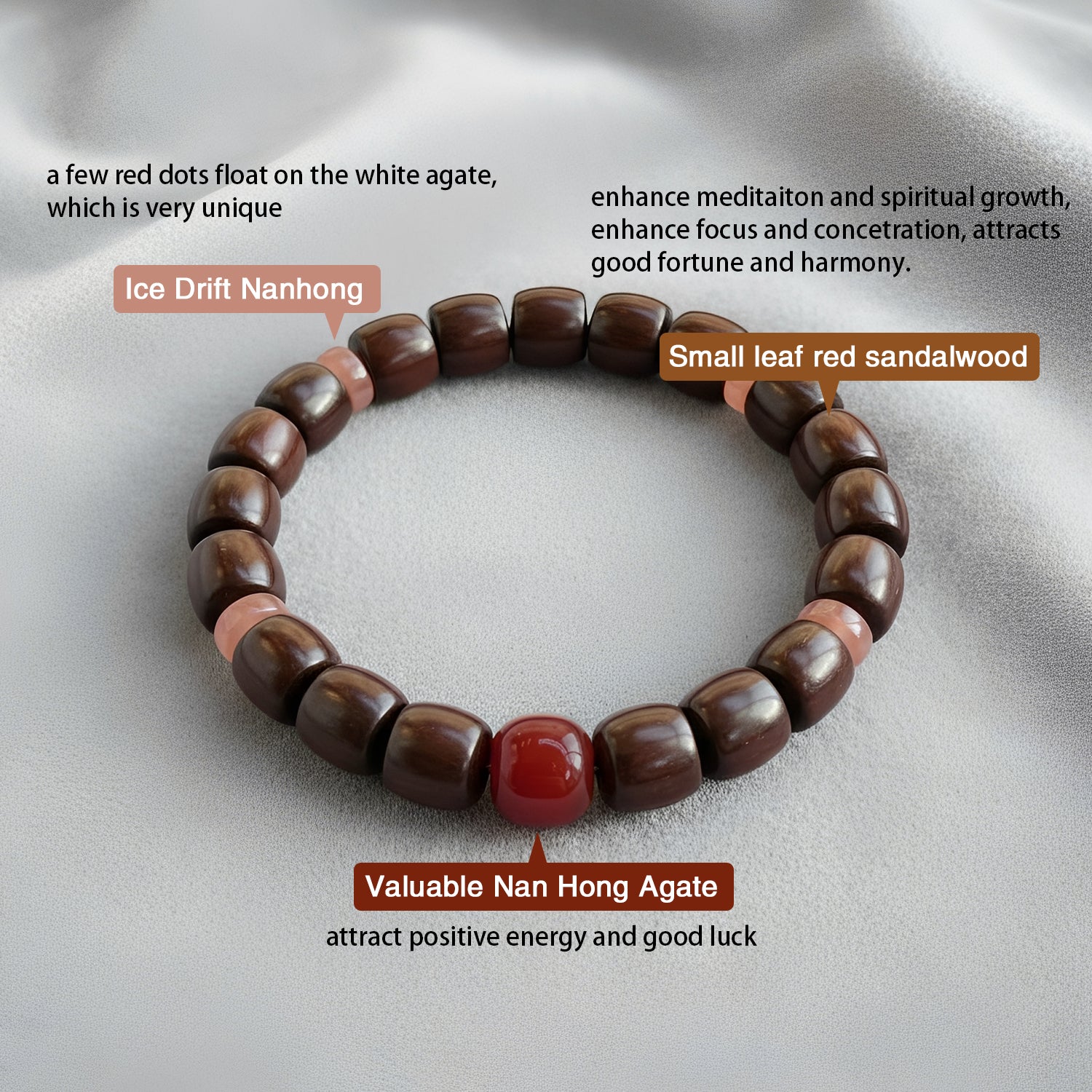 Authentic Indian Red Sandalwood Bracelet, 8mm x 9mm Barrel Beads with Natural Southern Red Agate(Nan Hong), Ice Drift Agate Accents, Prosperity & Protection Mala for Men & Women, Festive Gift