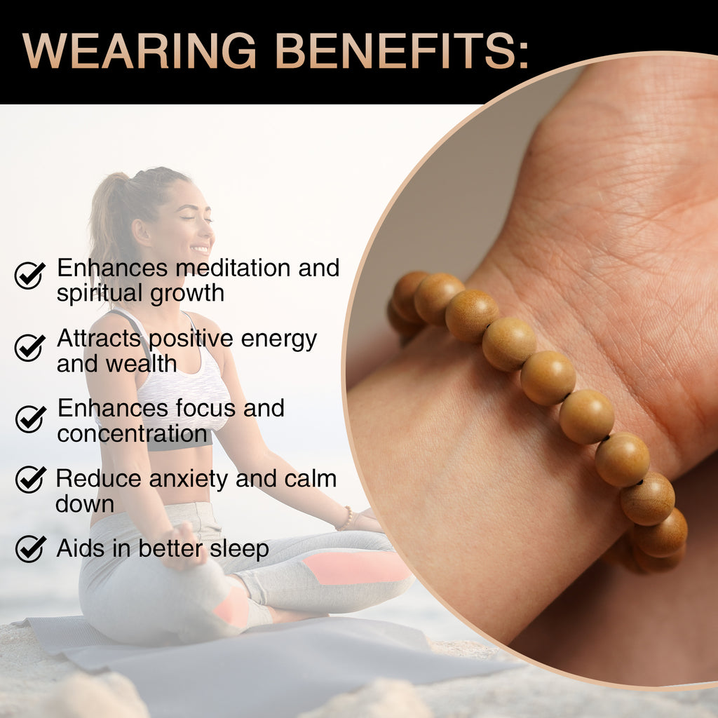 VIVIDOORA: 10MM White Sandalwood Bracelet - Authentic India Mysore Sandalwood Beads Handcrafted, Soothing Aromatic Wood Bracelet for Buddhist, Meditation, Prayer, and Daily Wear, Gift for Men and Women