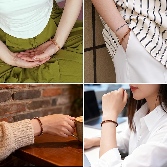 VIVIDOORA: 6mm x 8mm White Sandalwood Bracelet - Authentic India Mysore Sandalwood Beads Handcrafted, Soothing Aromatic Wood Bracelet for Buddhist, Meditation, Prayer, and Daily Wear, Gift for Men and Women