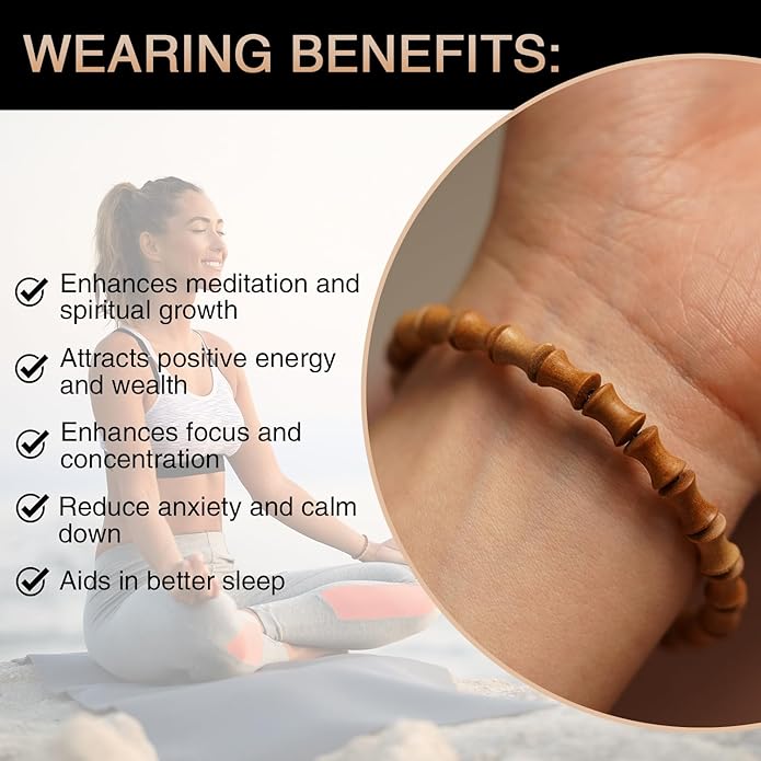 VIVIDOORA: 6mm x 8mm White Sandalwood Bracelet - Authentic India Mysore Sandalwood Beads Handcrafted, Soothing Aromatic Wood Bracelet for Buddhist, Meditation, Prayer, and Daily Wear, Gift for Men and Women