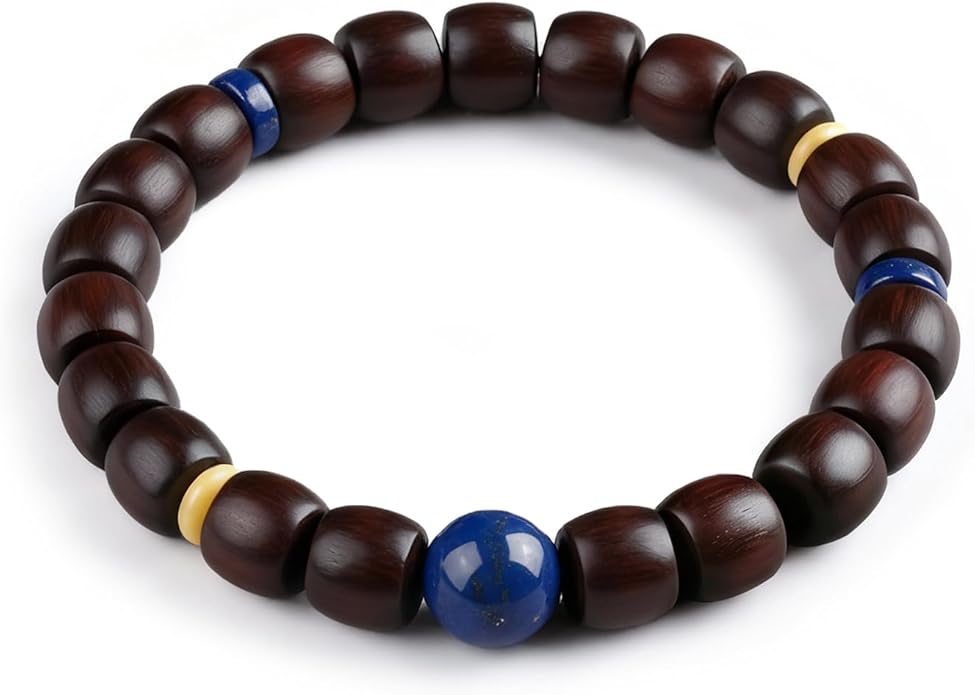 VIVIDOORA: Authentic Indian Red Sandalwood Bracelet, 8mm x 9mm Meditation Beads with Natural Lapis Lazuli & Beeswax, Spiritual Zen Jewelry for Wisdom, Peace and Mindfulness, Stretchable Mala Gift for Men & Women