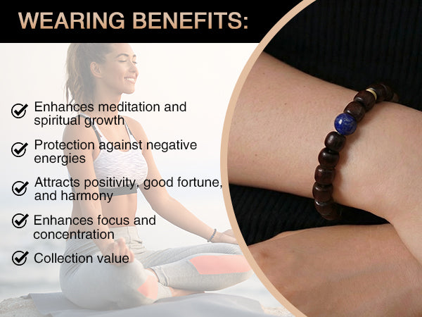 Authentic Indian Red Sandalwood Bracelet, 8mm x 9mm Meditation Beads with Natural Lapis Lazuli & Beeswax, Spiritual Zen Jewelry for Wisdom, Peace and Mindfulness, Stretchable Mala Gift for Men & Women