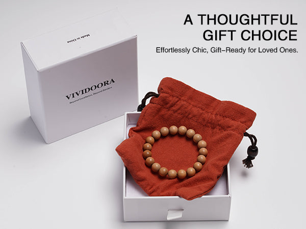 VIVIDOORA: 10MM White Sandalwood Bracelet - Authentic India Mysore Sandalwood Beads Handcrafted, Soothing Aromatic Wood Bracelet for Buddhist, Meditation, Prayer, and Daily Wear, Gift for Men and Women