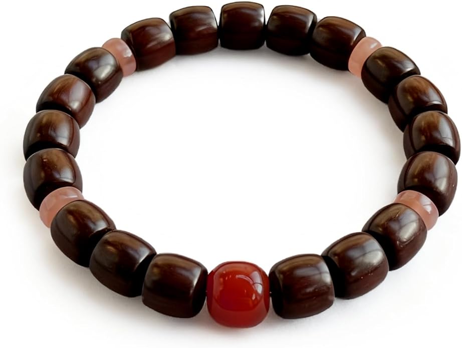 VIVIDOORA: Authentic Indian Red Sandalwood Bracelet, 8mm x 9mm Barrel Beads with Natural Southern Red Agate(Nan Hong), Ice Drift Agate Accents, Prosperity & Protection Mala for Men & Women, Festive Gift