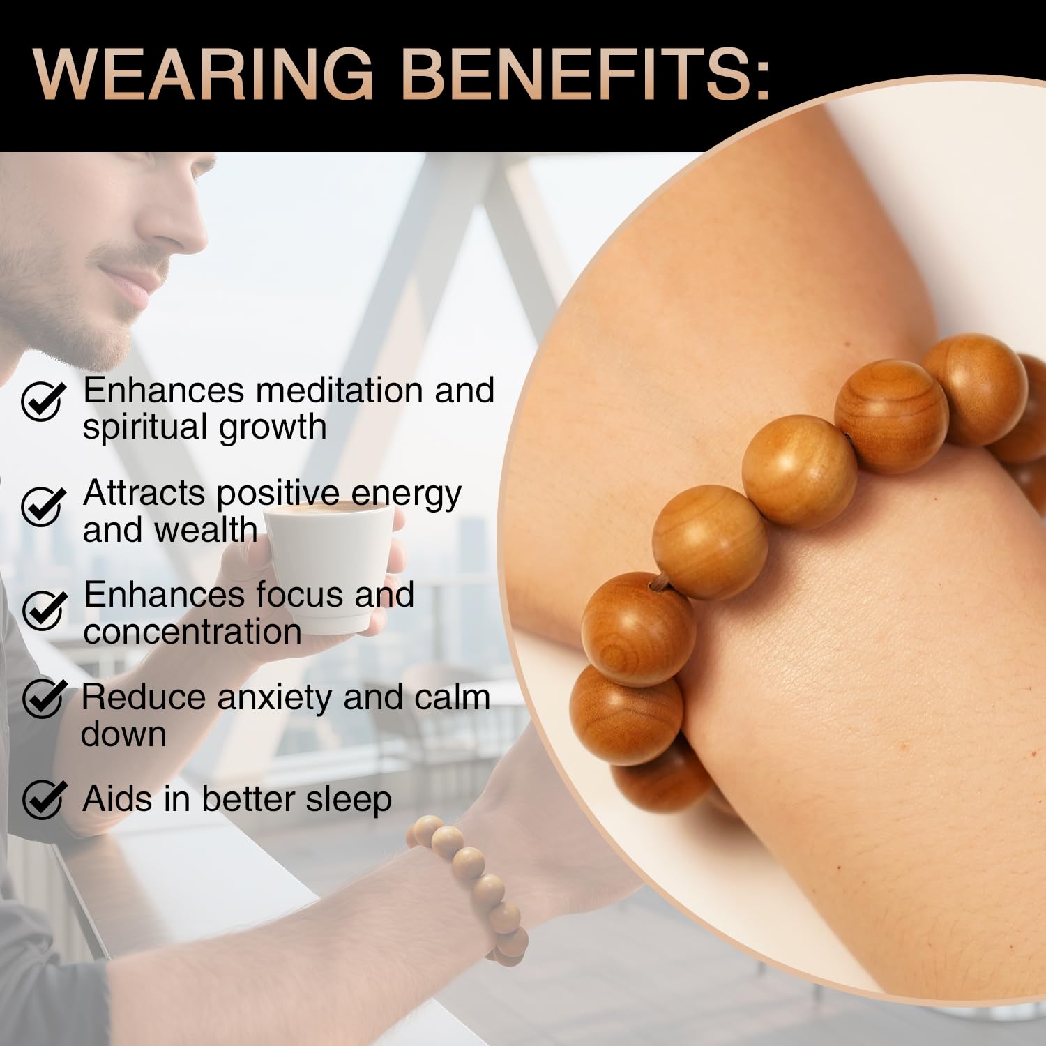 White Sandalwood Bead Bracelet – Handcrafted, 15mm * 15