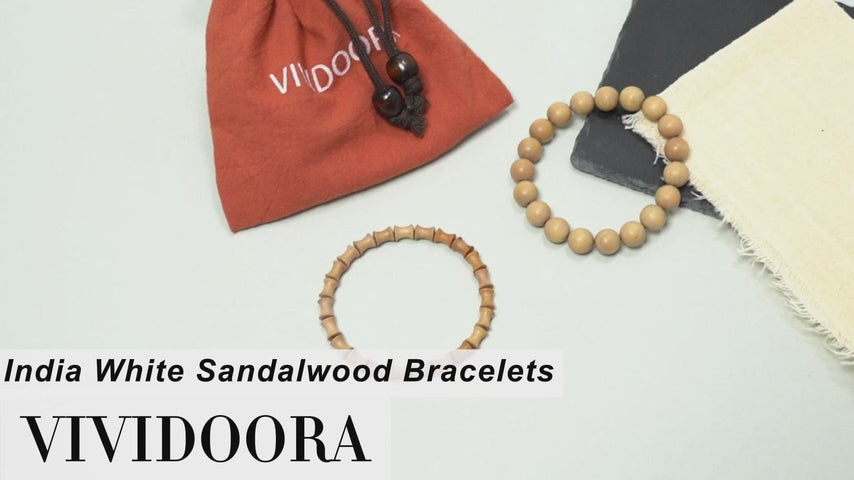 VIVIDOORA: 10mm x 11mm White Sandalwood Bracelet - Authentic India Mysore Sandalwood Beads Handcrafted, Soothing Aromatic Wood Bracelet for Buddhist, Meditation, Prayer, and Daily Wear, Gift for Men and Women
